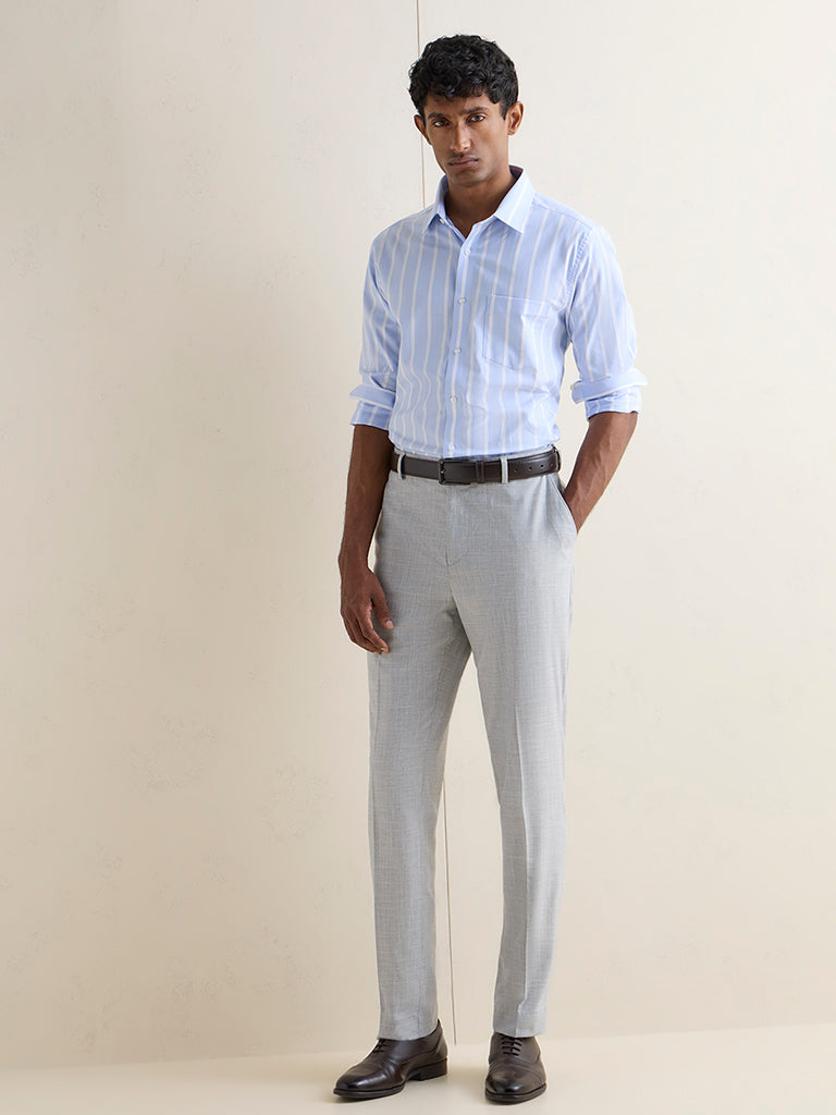 WES Formals Blue Striped Slim-Fit Cotton Shirt