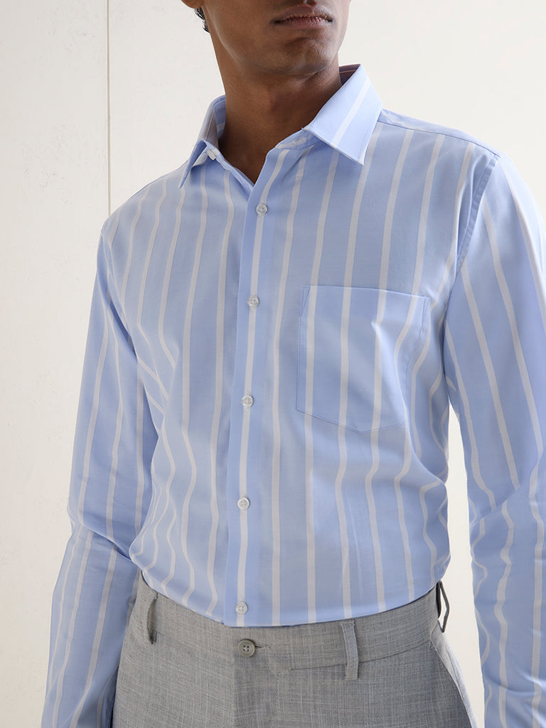 WES Formals Blue Striped Slim-Fit Cotton Shirt