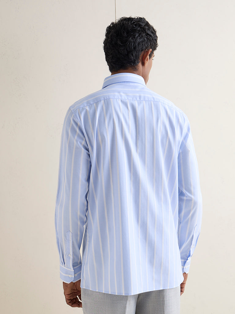 WES Formals Blue Striped Slim-Fit Cotton Shirt