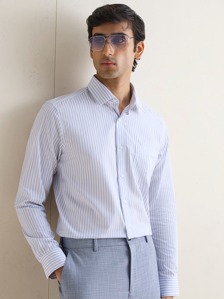 WES Formals Grey Striped Slim-Fit Cotton Shirt