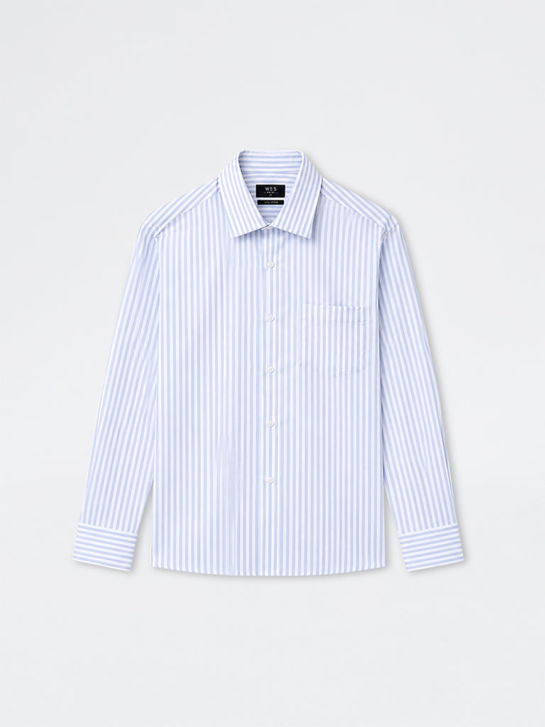 WES Formals Grey Striped Slim-Fit Cotton Shirt