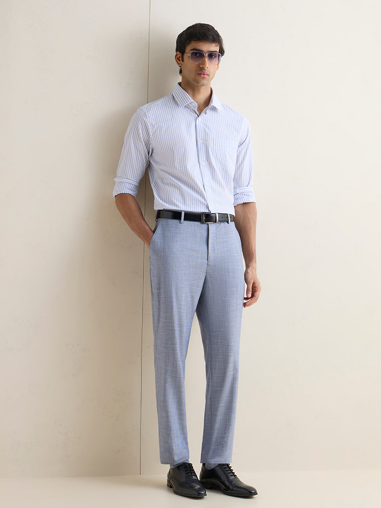 WES Formals Grey Striped Slim-Fit Cotton Shirt
