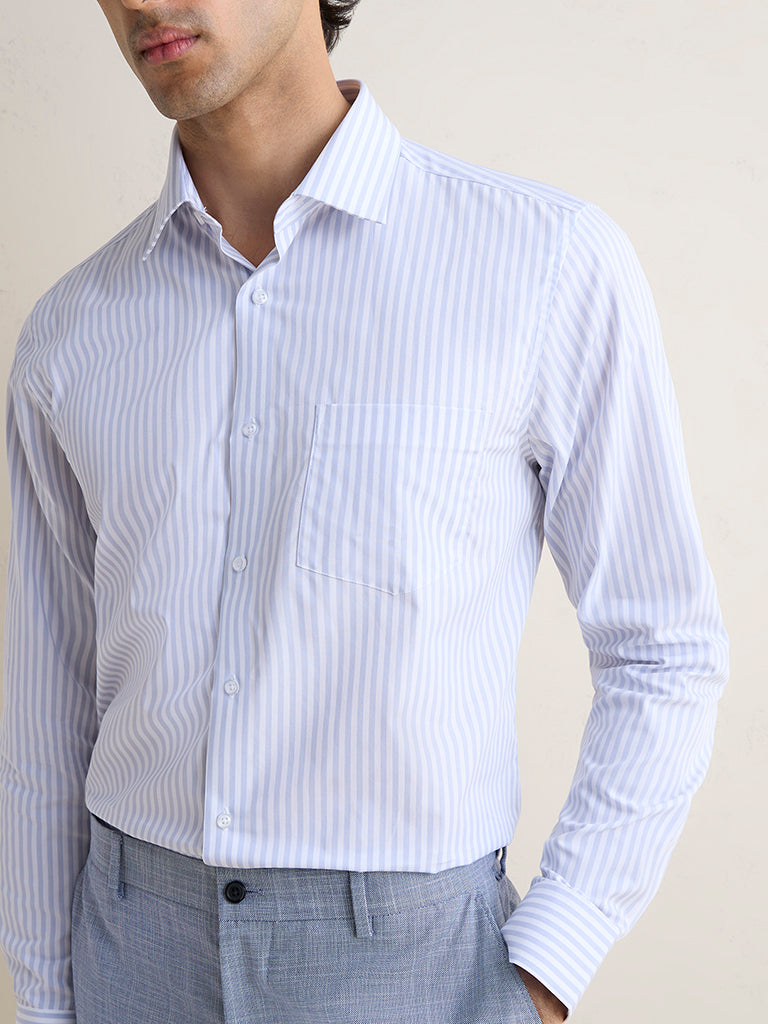 WES Formals Grey Striped Slim-Fit Cotton Shirt
