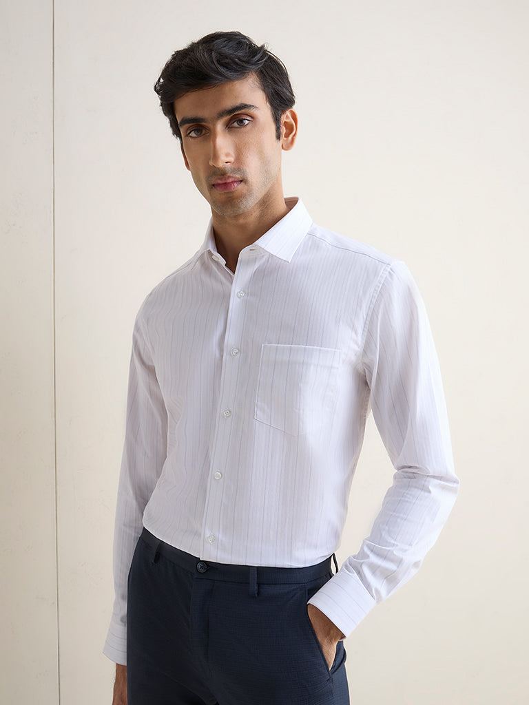WES Formals Purple Striped Slim-Fit Cotton Shirt