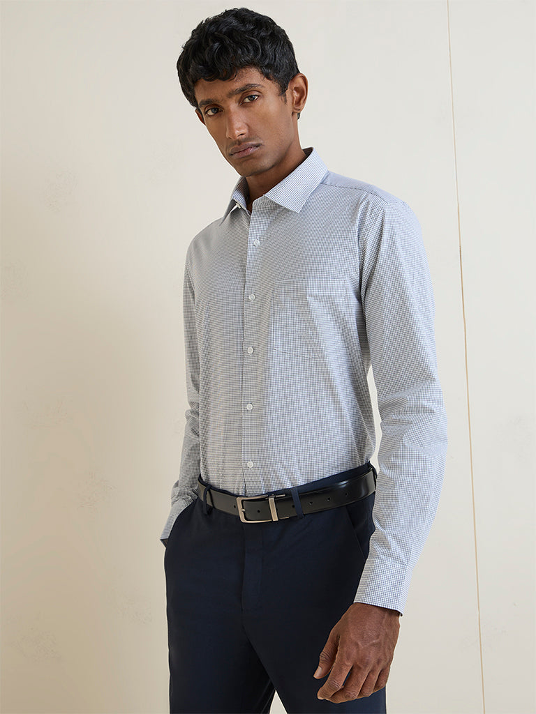 WES Formals Light Blue Checkered Slim-Fit Cotton Shirt