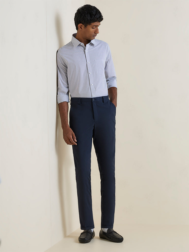 WES Formals Light Blue Checkered Slim-Fit Cotton Shirt