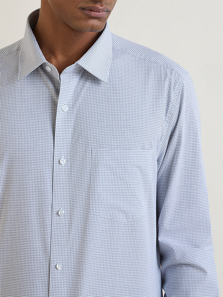 WES Formals Light Blue Checkered Slim-Fit Cotton Shirt