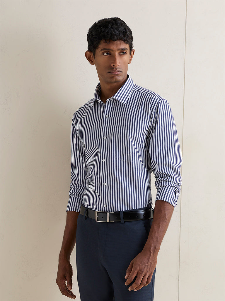 WES Formals Navy Striped Slim-Fit Cotton Shirt