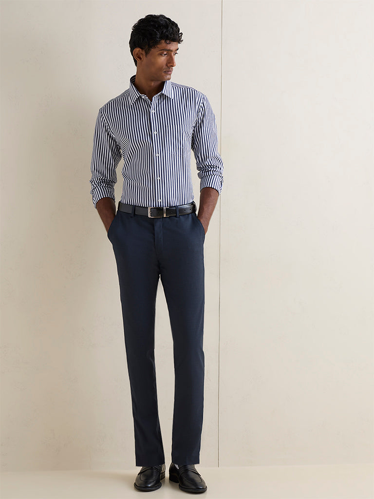 WES Formals Navy Striped Slim-Fit Cotton Shirt