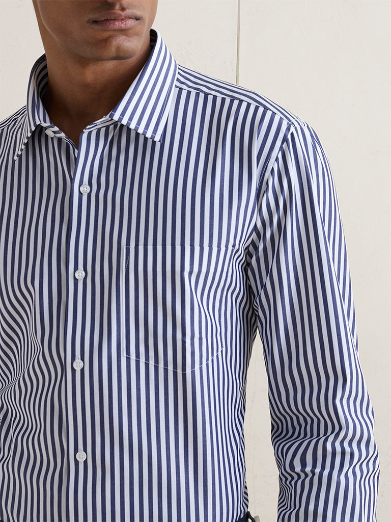 WES Formals Navy Striped Slim-Fit Cotton Shirt