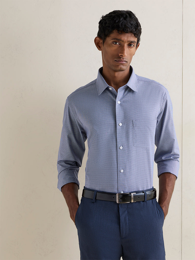 WES Formals Navy Checkered Relaxed-Fit Cotton Shirt