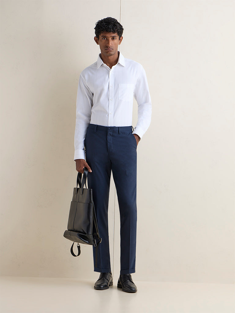 WES Formals White Striped Relaxed-Fit Cotton Shirt
