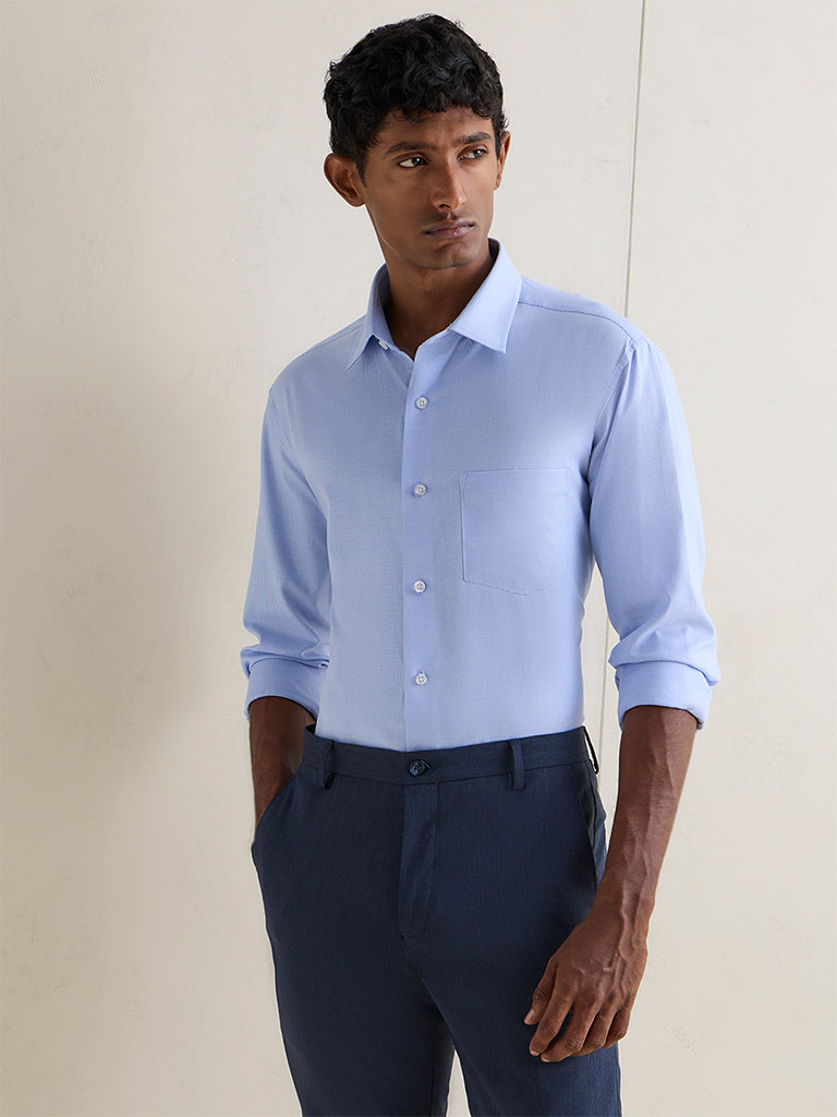 WES Formals Blue Solid Relaxed-Fit Cotton Shirt
