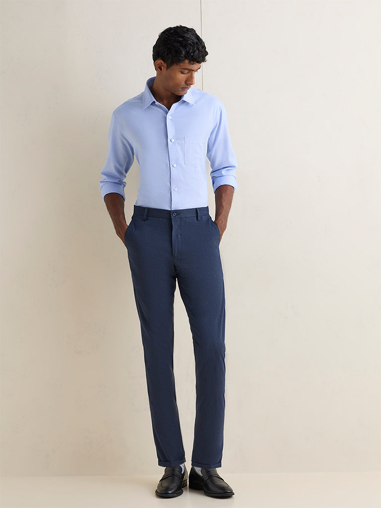WES Formals Blue Solid Relaxed-Fit Cotton Shirt
