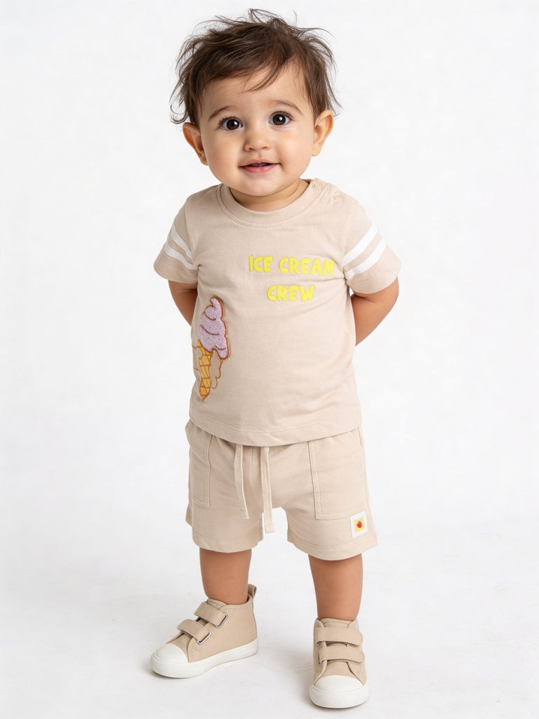 HOP Baby Boys Beige Printed Cotton T-Shirt and Shorts Set
