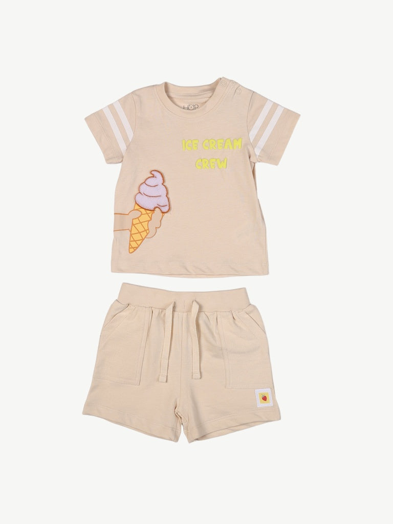 HOP Baby Boys Beige Printed Cotton T-Shirt and Shorts Set