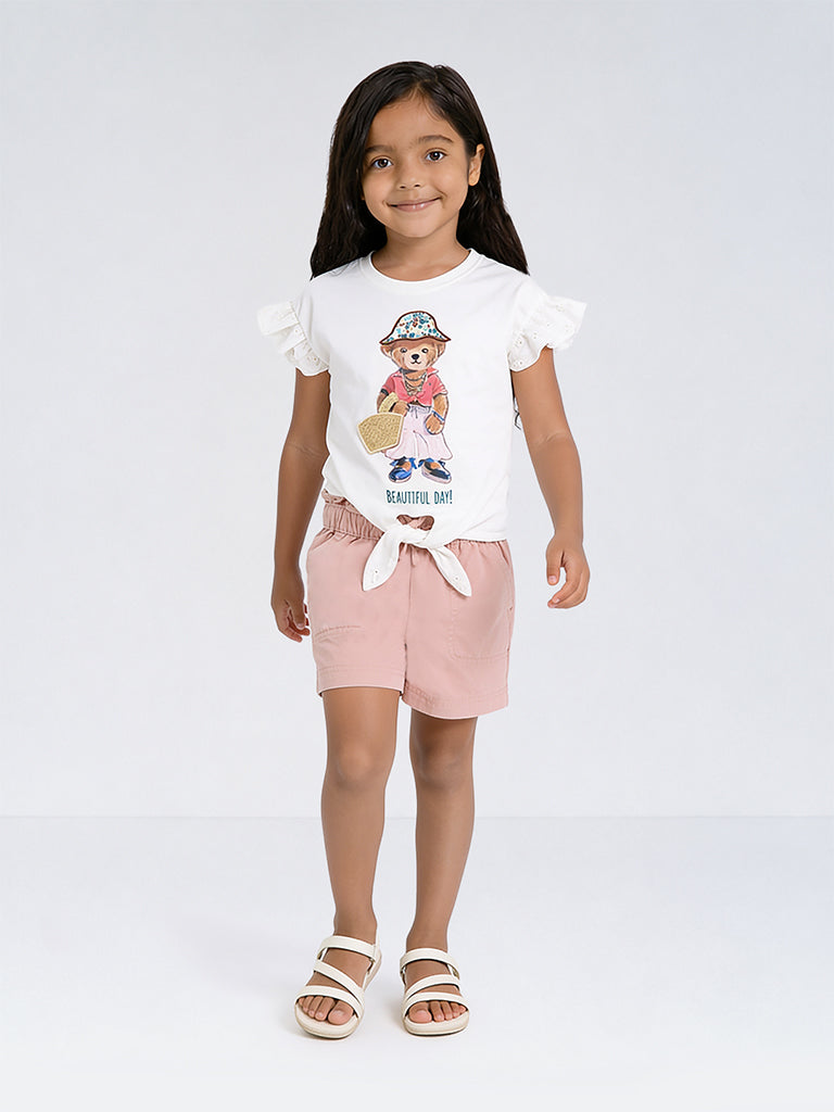 HOP Kids Girls Dusty Pink High-Rise Cotton Shorts