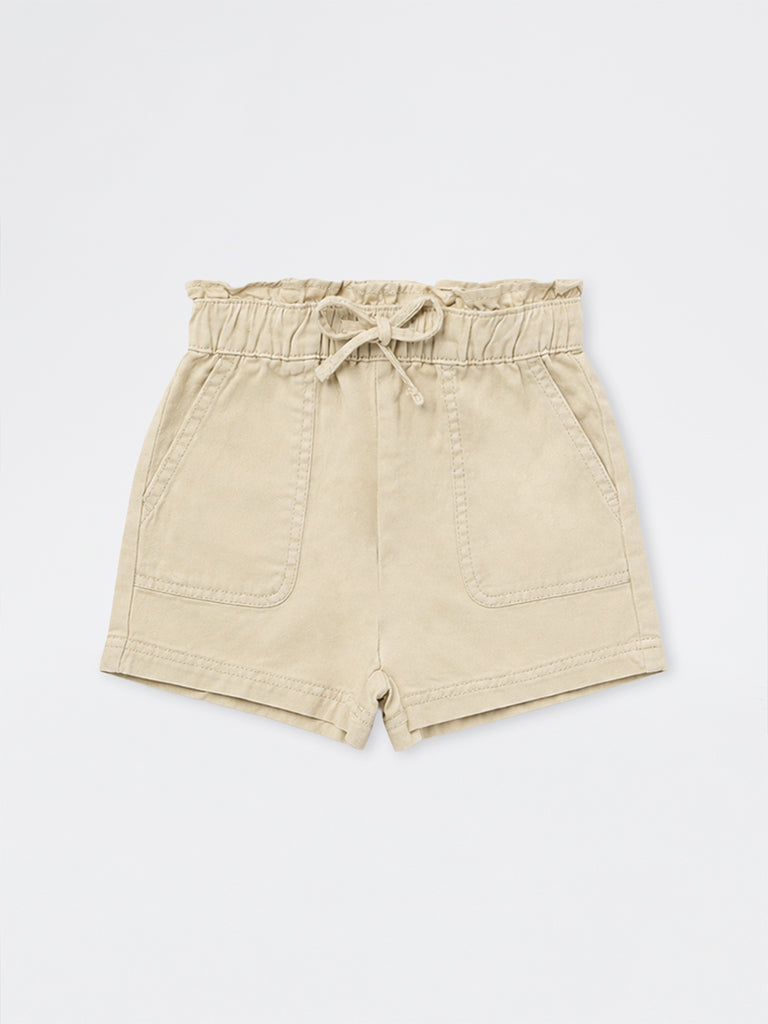 HOP Kids Girls Beige High-Rise Cotton Shorts