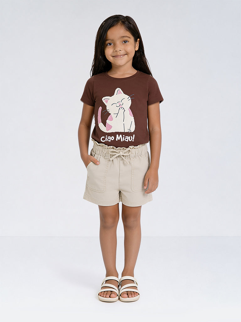 HOP Kids Girls Beige High-Rise Cotton Shorts