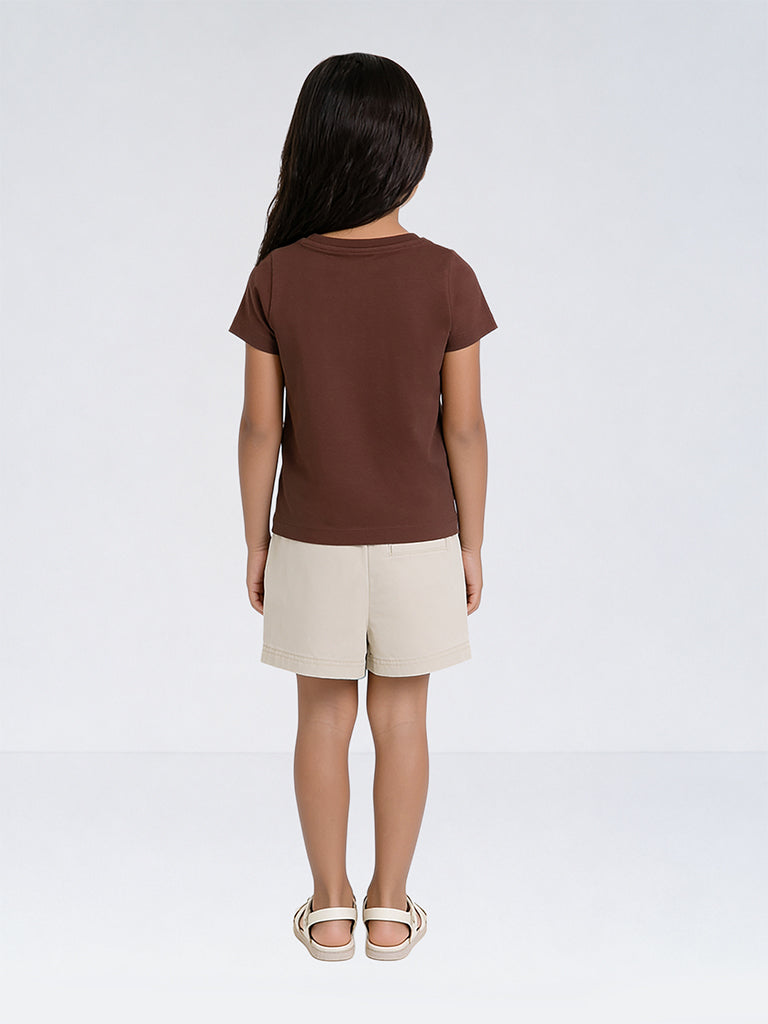 HOP Kids Girls Beige High-Rise Cotton Shorts