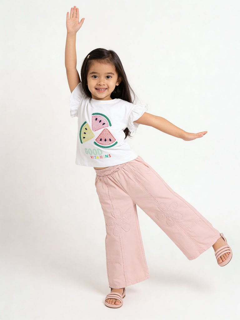 HOP Kids Girls Pink Embroidered Wide Leg Cotton Trousers