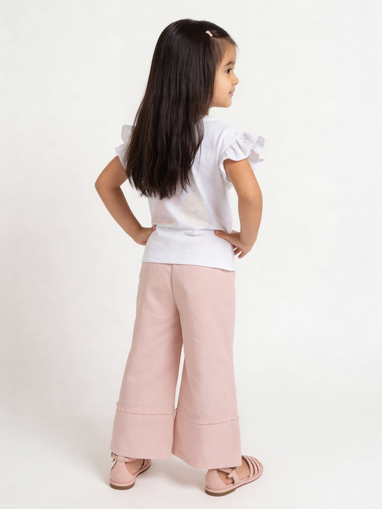 HOP Kids Girls Pink Embroidered Wide Leg Cotton Trousers