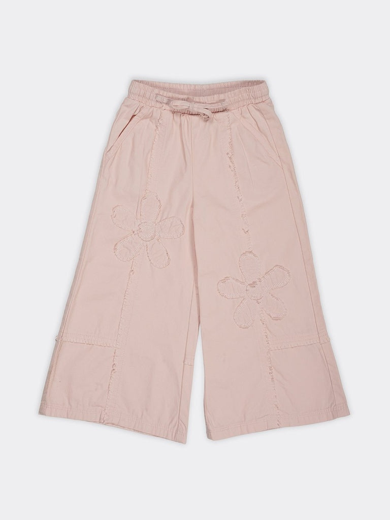 HOP Kids Girls Pink Embroidered Wide Leg Cotton Trousers