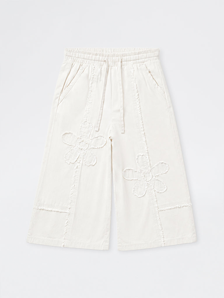 HOP Kids Girls Off-White Floral Embroidered High-Rise Cotton Pants
