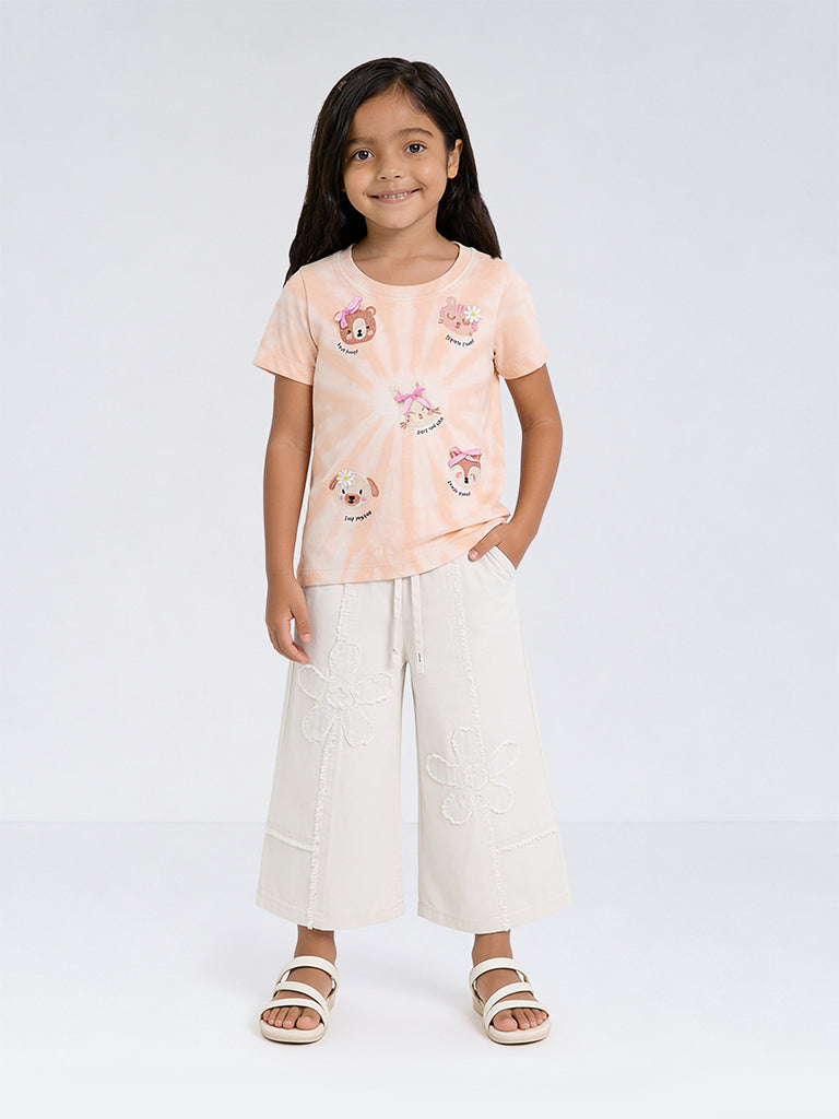 HOP Kids Girls Off-White Floral Embroidered High-Rise Cotton Pants