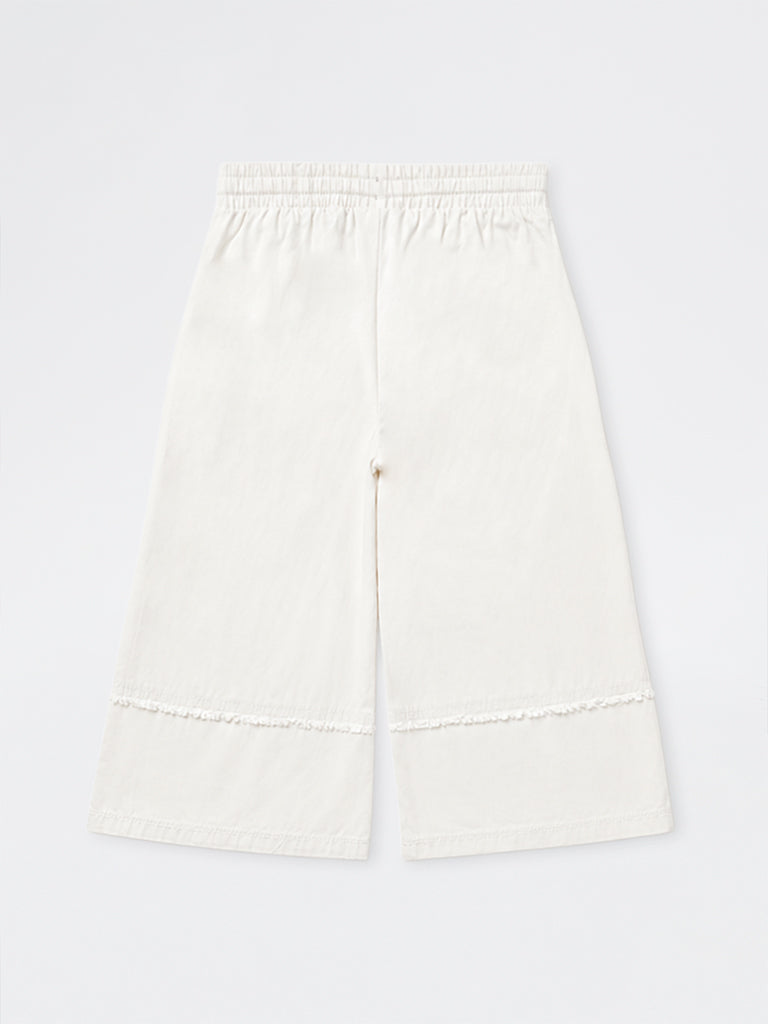 HOP Kids Girls Off-White Floral Embroidered High-Rise Cotton Pants