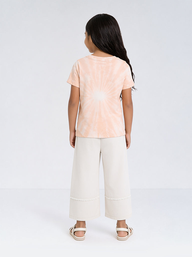 HOP Kids Girls Off-White Floral Embroidered High-Rise Cotton Pants