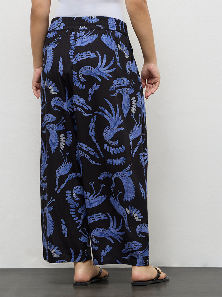 Diza Black Bird Pattern Palazzos