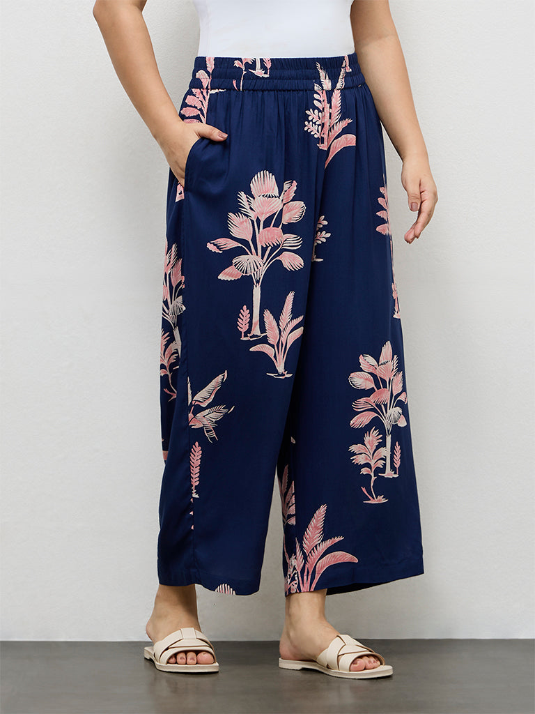 Diza Dark Blue Botanical Design Palazzos