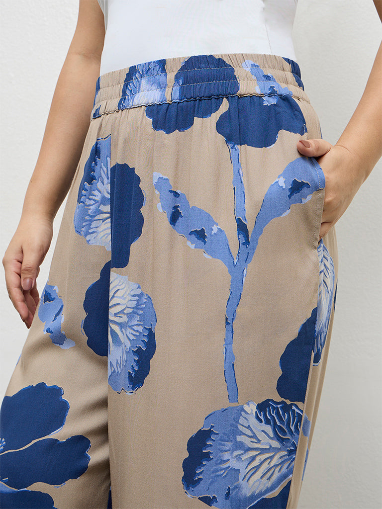 Diza Taupe Foliage Printed Palazzos