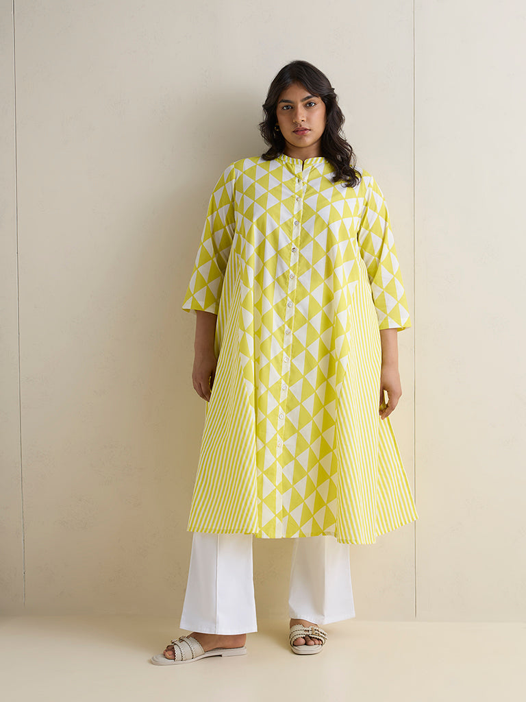 Diza Yellow Geometric Printed Cotton A-Line Kurta