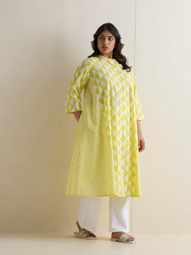 Diza Yellow Geometric Printed Cotton A-Line Kurta