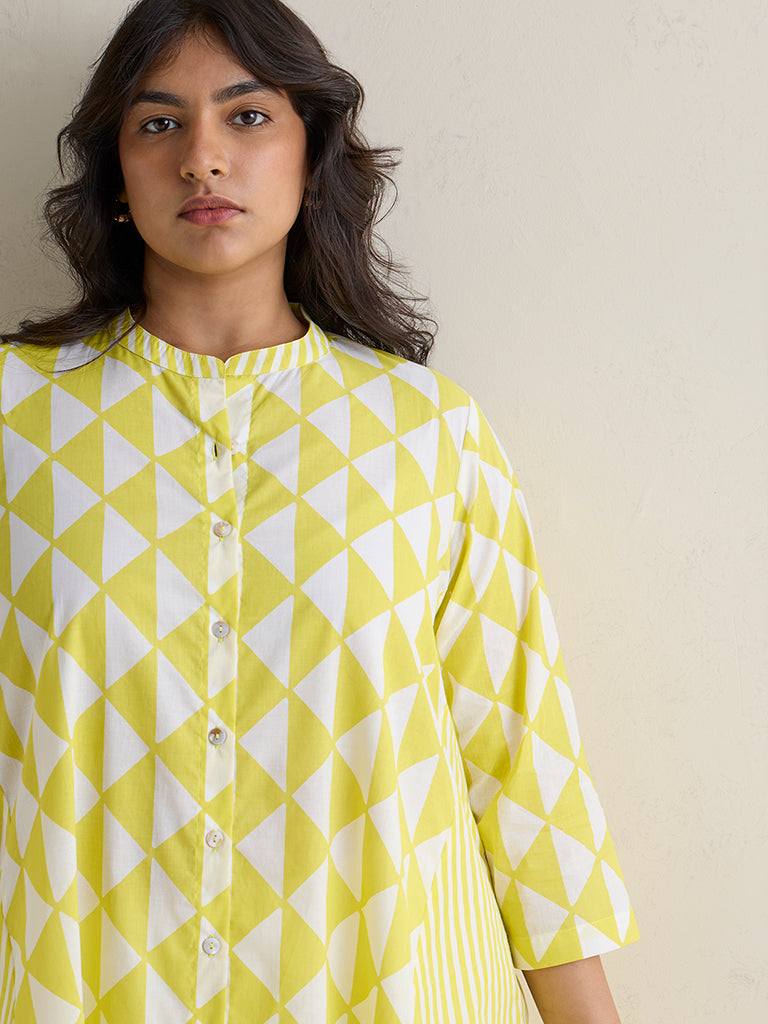 Diza Yellow Geometric Printed Cotton A-Line Kurta