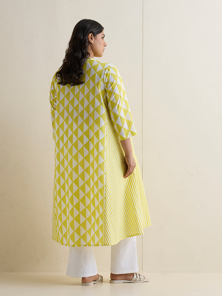 Diza Yellow Geometric Printed Cotton A-Line Kurta
