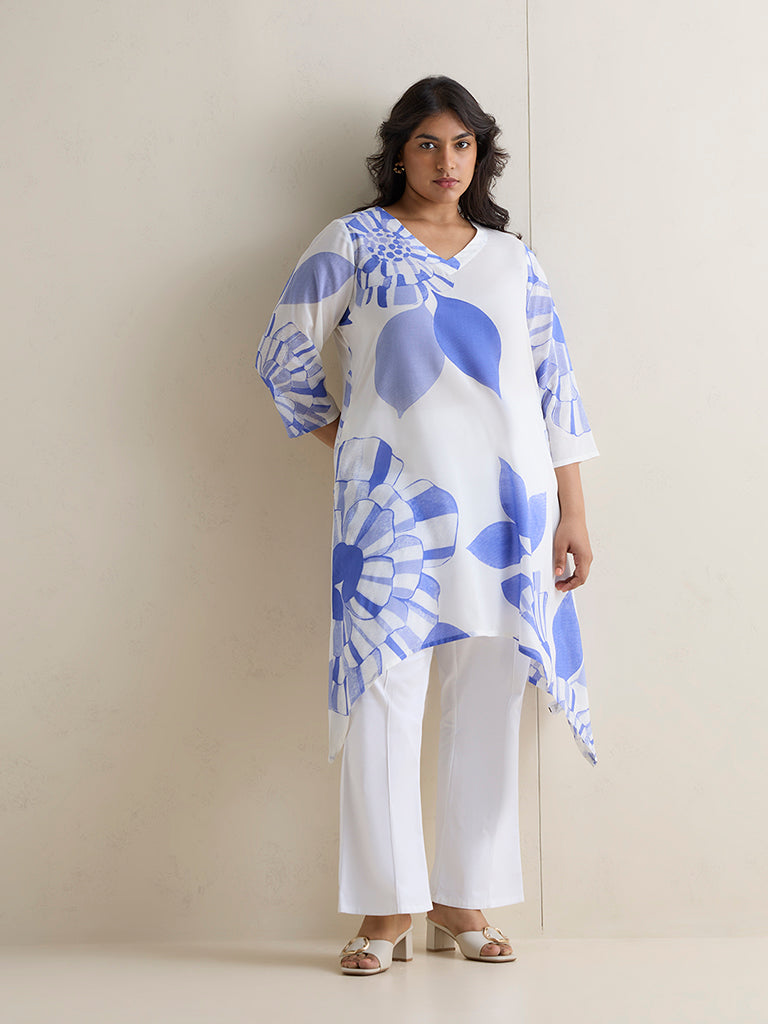 Diza White Floral Design A-Line Kurta