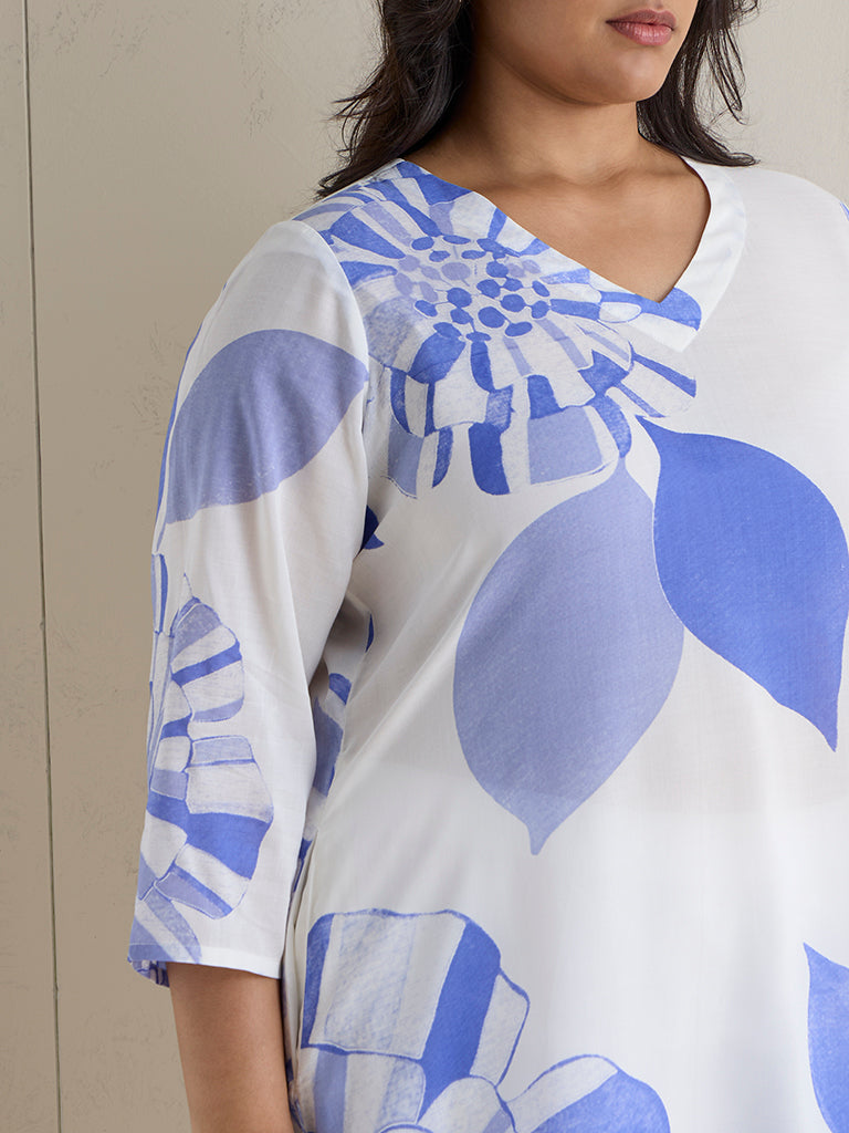 Diza White Floral Design A-Line Kurta