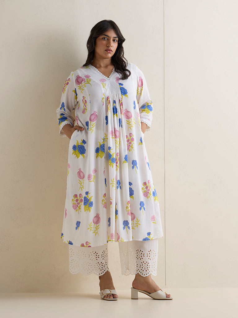 Diza White Floral Pattern A-Line Kurta