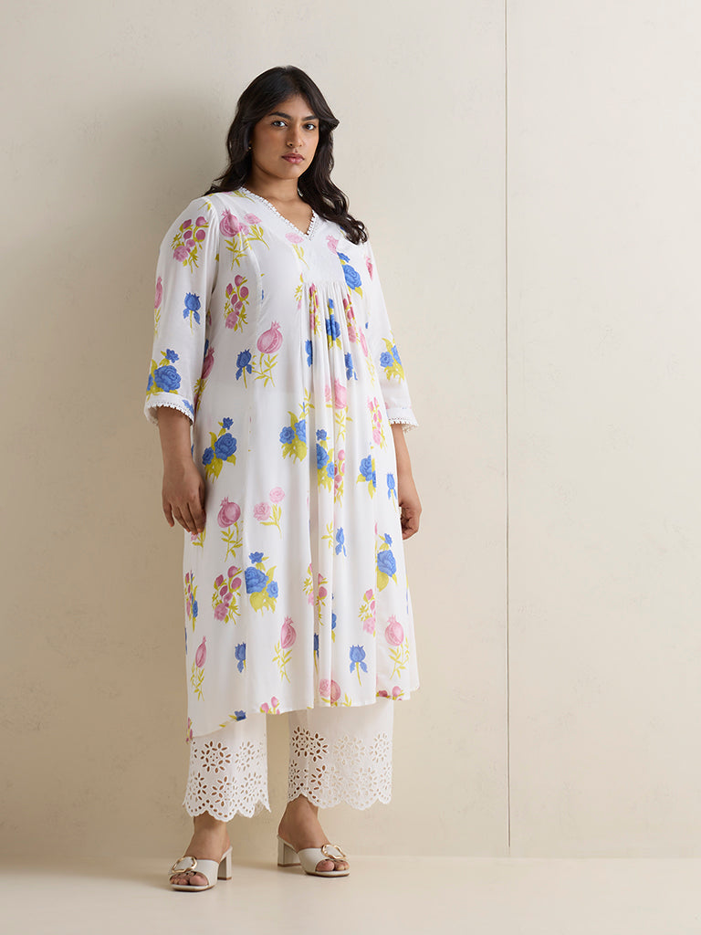 Diza White Floral Pattern A-Line Kurta