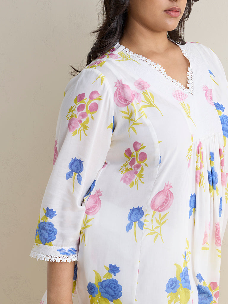 Diza White Floral Pattern A-Line Kurta
