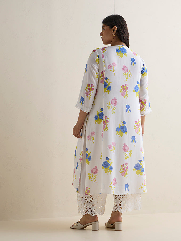Diza White Floral Pattern A-Line Kurta