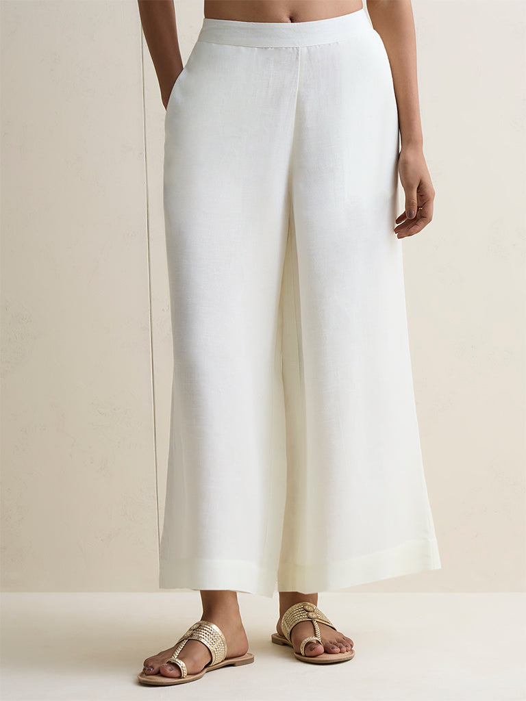 Zuba Off-White Linen Blend Solid Pants