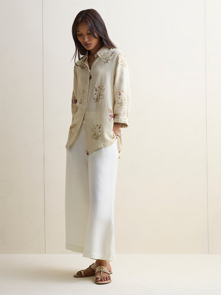 Zuba Off-White Linen Blend Solid Pants