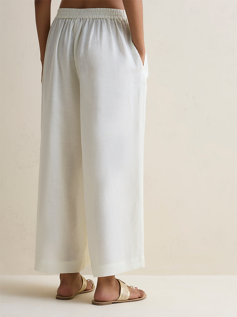 Zuba Off-White Linen Blend Solid Pants