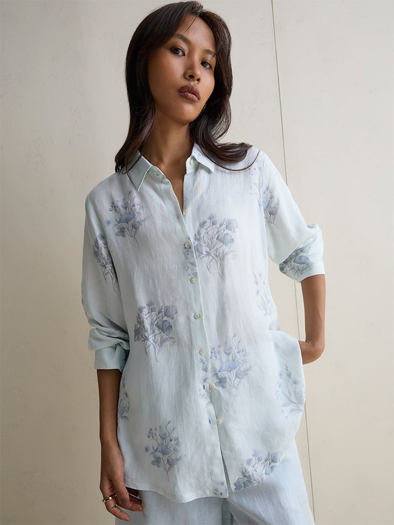 Zuba Light Blue Linen Blend Floral Printed Tunic