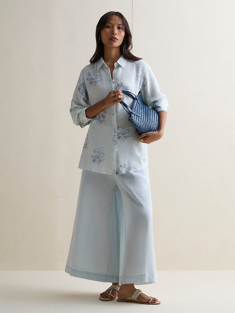 Zuba Light Blue Linen Blend Floral Printed Tunic