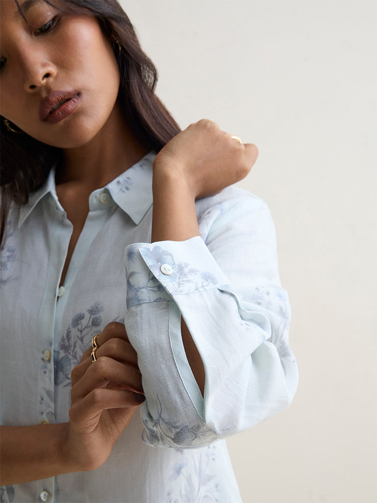 Zuba Light Blue Linen Blend Floral Printed Tunic